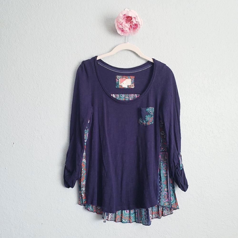 Anthropologie Navy Blue Bohemian Paisley Pleated Long Sleeve Top